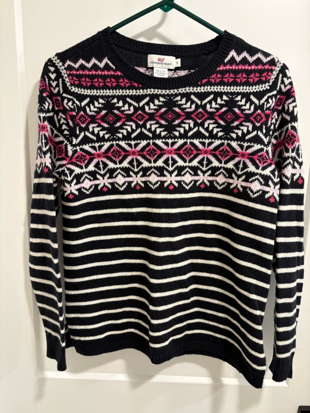 Vineyard Vines Black & White Striped Fair Isle Sweater with Pink Accents
